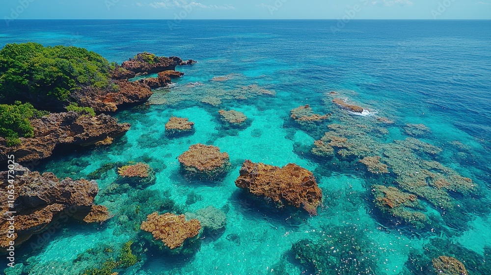 Tropical Island Shore with Crystal Clear Water and Coral Reefs Tropical Island Shore with Crystal Clear Water and Coral Reefs