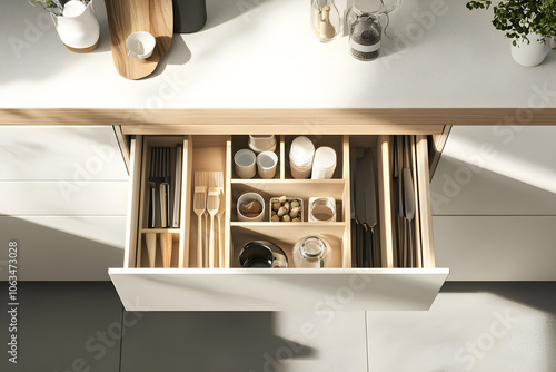 Top-down view of drawer organizers showcasing neatly arranged kitchen utensils, glasses, and other items, emphasizing organization and minimalist design