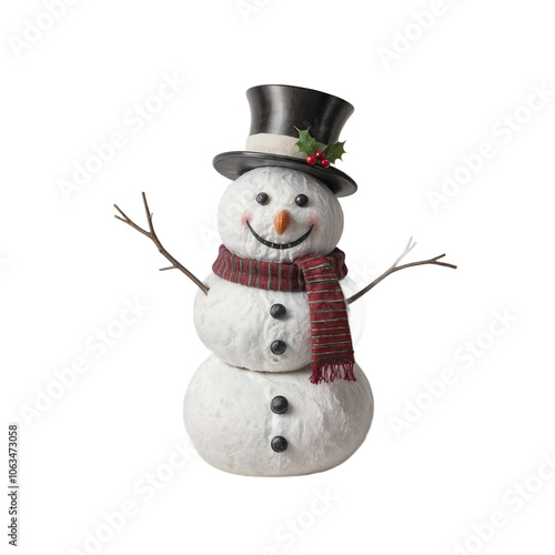 Cheerful snowman wearing colorful hat and scarf