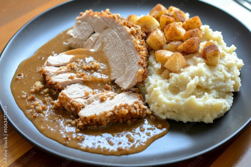 Thanksgiving Meal: Sliced turkey roast with gravy sauce. Served on a dark plate with, stuffing, mashed potatoes dashed with seasoning. Dinner.
Thanksgiving Meal: Sliced turkey roast with gravy sauce. Served on a dark plate with, stuffing, mashed potatoes dashed with seasoning. Dinner.