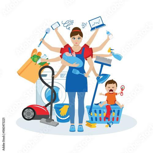 Stressed overworked housewife vector illustration. Hard working woman with crying children illustration. Sad depressed cleaning woman icon. Working exhausted mother at home drawing