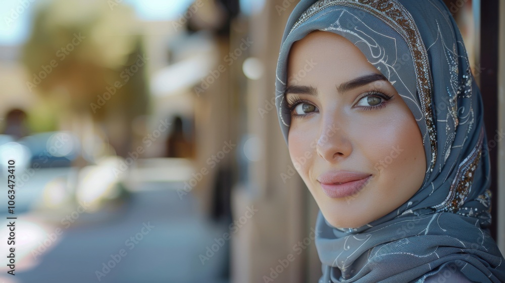 A woman in a beautifully detailed hijab smiles softly at the camera, captured in natural light, with a blurred urban background. A woman in a beautifully detailed hijab smiles softly at the camera, captured in natural light, with a blurred urban background.