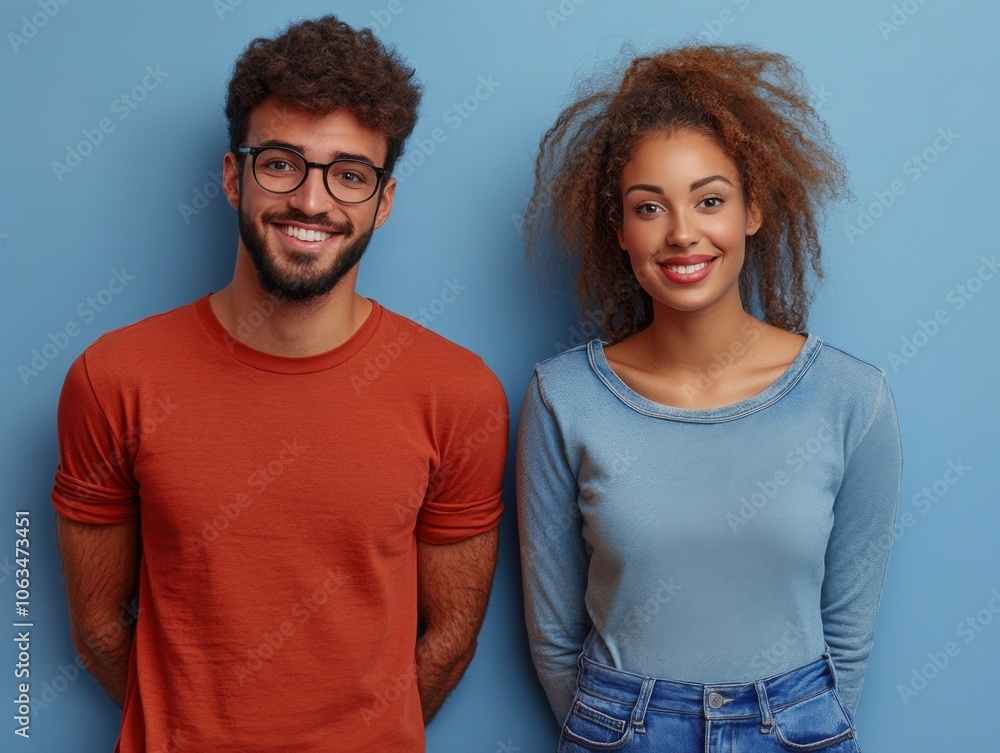 Fototapeta premium Two diverse individuals stand side by side against a solid blue background, smiling warmly at the camera.