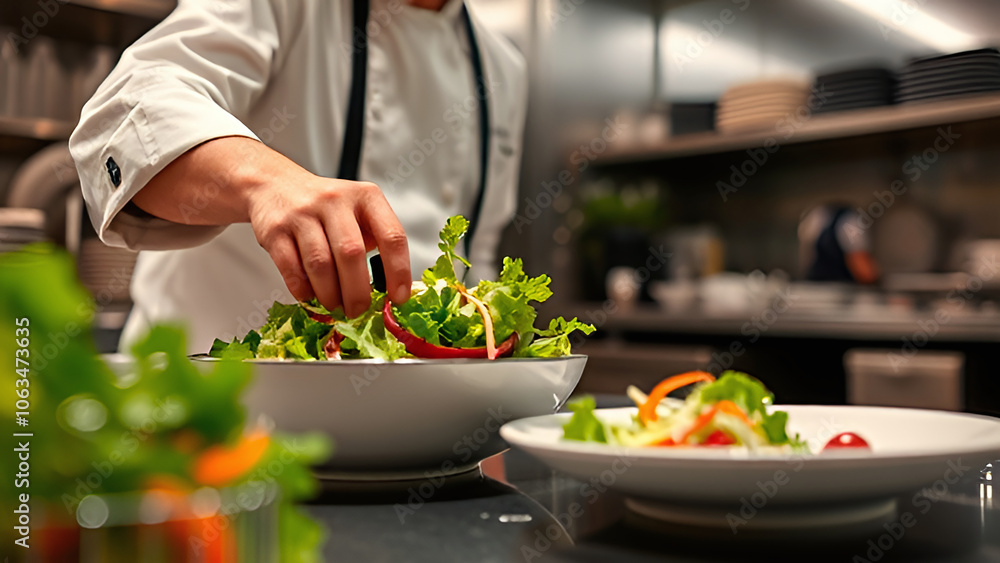 the process of making salad in the kitchen. A man in a white chef's coat carefully puts lettuce leaves on a plate. There are also small cherry tomatoes and cubes of crackers on the plate the process of making salad in the kitchen. A man in a white chef's coat carefully puts lettuce leaves on a plate. There are also small cherry tomatoes and cubes of crackers on the plate