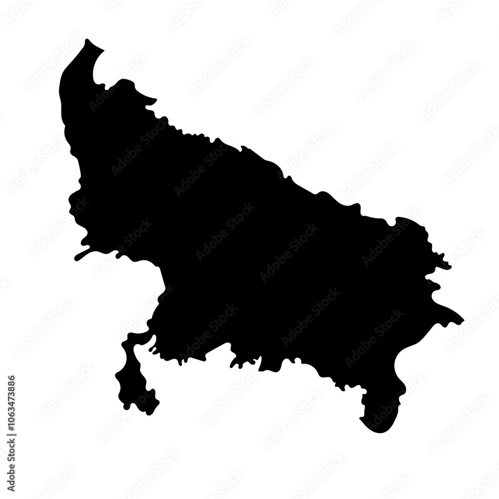 Hand drawn black map of Uttar Pradesh, Indian state. Silhouette, geography. Vector isolated on white background Hand drawn black map of Uttar Pradesh, Indian state. Silhouette, geography. Vector isolated on white background