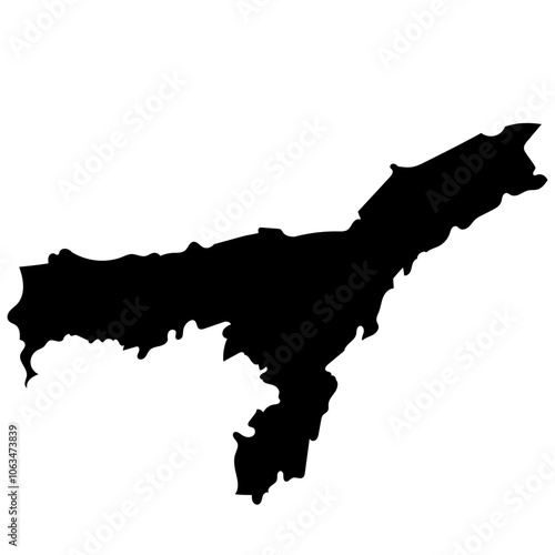 Hand drawn black map of Assam, Indian state. Silhouette, geography. Vector isolated on white background	