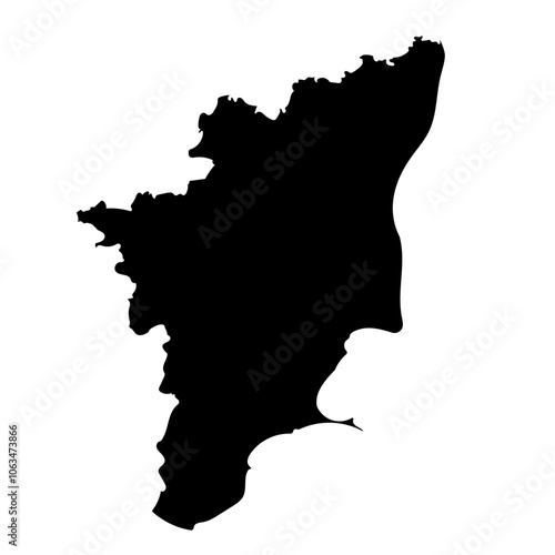 Hand drawn black map of Tamil Nadu, Indian state. Silhouette, geography. Vector isolated on white background	