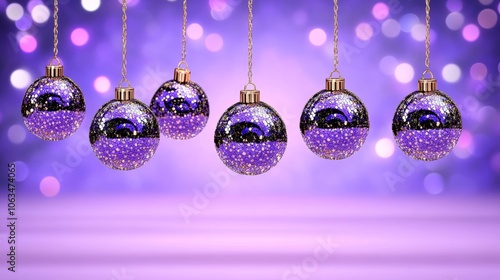 Purple Christmas Ornaments Hanging with Purple Bokeh Background