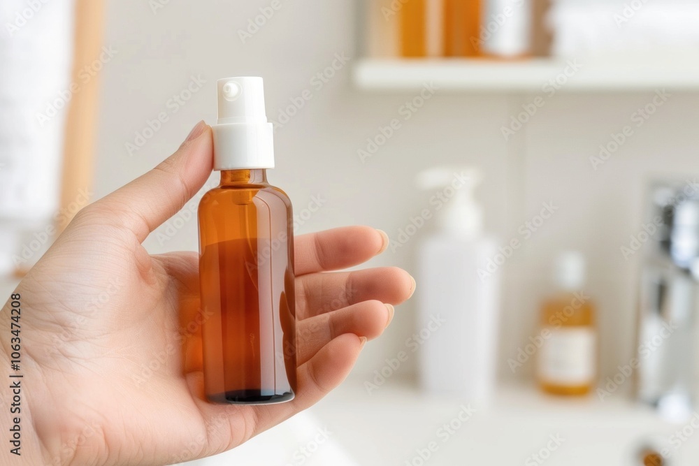 Hand holding amber bottle for skincare in minimalist bathroom setting Hand holding amber bottle for skincare in minimalist bathroom setting