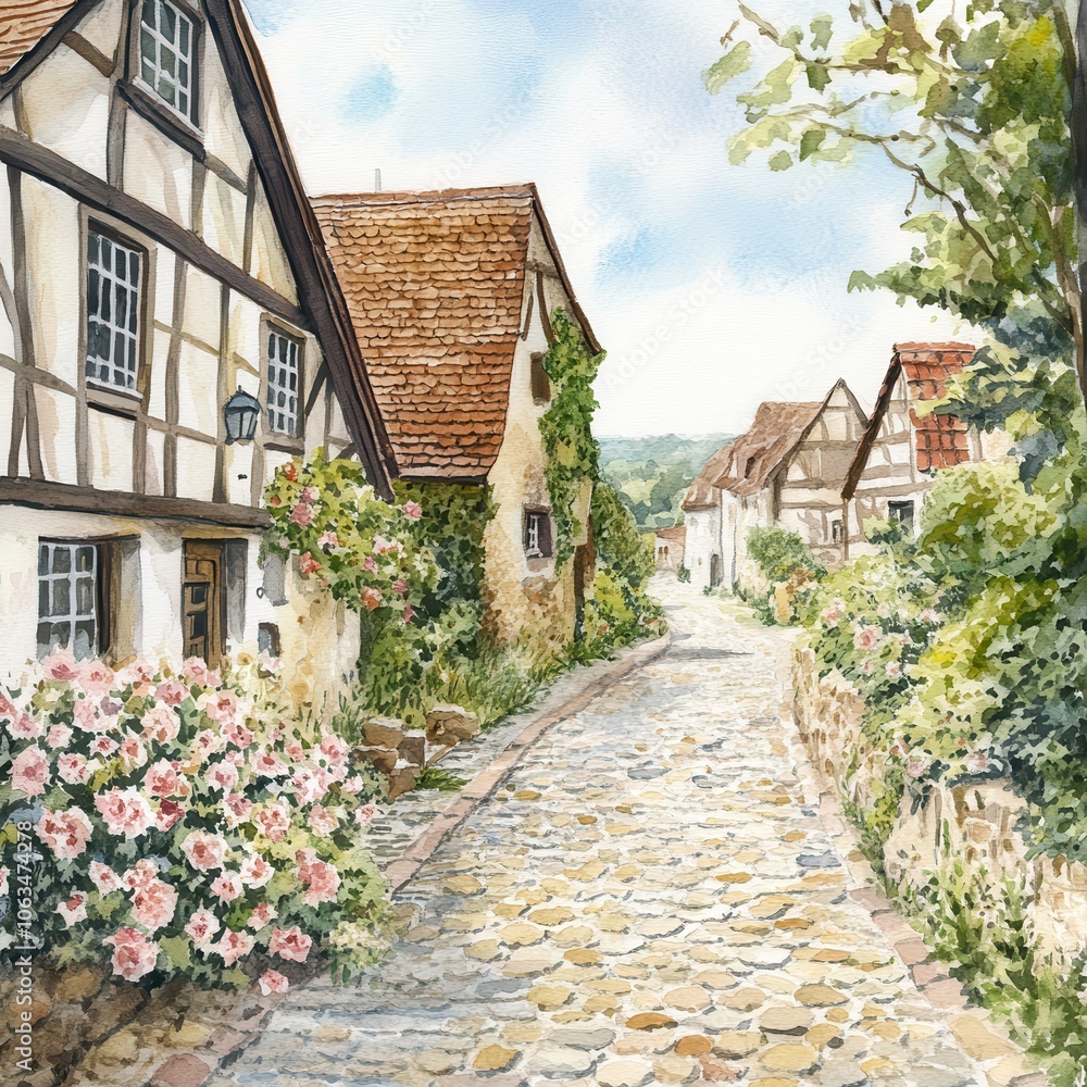 Naklejka premium Charming street with traditional houses and blooming flowers on a sunny day.