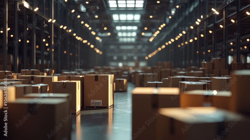Large warehouse space brimming with parcel boxes, highlighting the efficiency of online shopping fulfillment Large warehouse space brimming with parcel boxes, highlighting the efficiency of online shopping fulfillment
