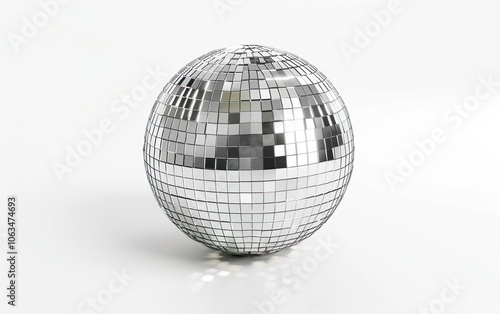 Nostalgic polished silver mirror disco ball from 2000s on white background with reflection, y2k nostalgia past millennium era. Metallic shiny gleaming reflective elegant timeless retro-futurism