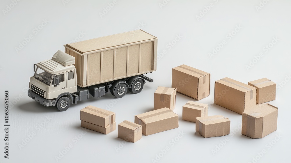 Miniature delivery truck and cardboard boxes of various sizes on a seamless white background, highlighting transport logistics Miniature delivery truck and cardboard boxes of various sizes on a seamless white background, highlighting transport logistics
