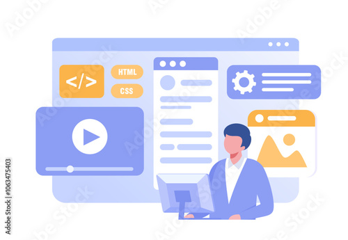 Web development. programming languages. css, html, it, ui. programmer cartoon character developing website, coding. flat illustration banner for website