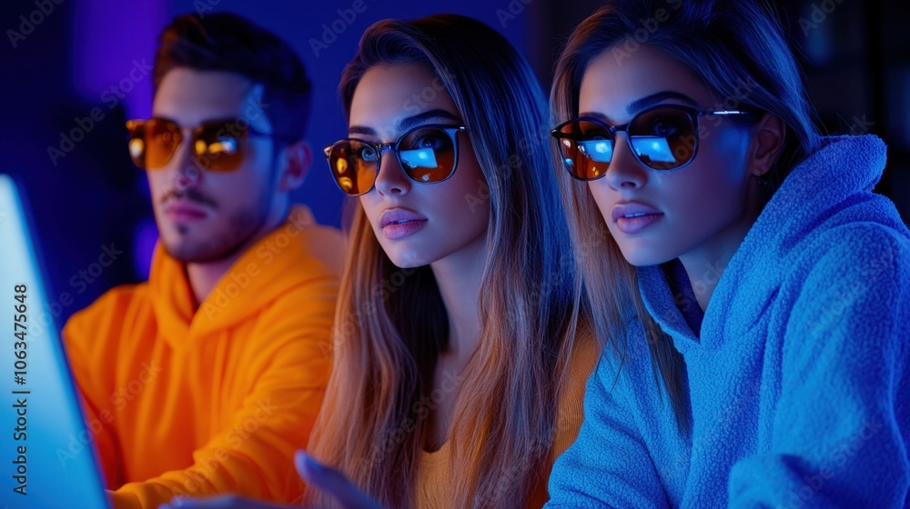Young Professionals Working on Laptop in Home Office with Blue and Orange Lighting Young Professionals Working on Laptop in Home Office with Blue and Orange Lighting