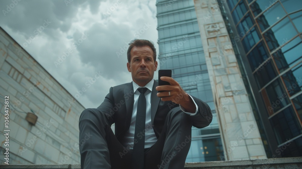 A businessman, dressed in a suit, sits on the steps of a modern office building, looking at his smartphone against a backdrop of cloudy skies. A businessman, dressed in a suit, sits on the steps of a modern office building, looking at his smartphone against a backdrop of cloudy skies.