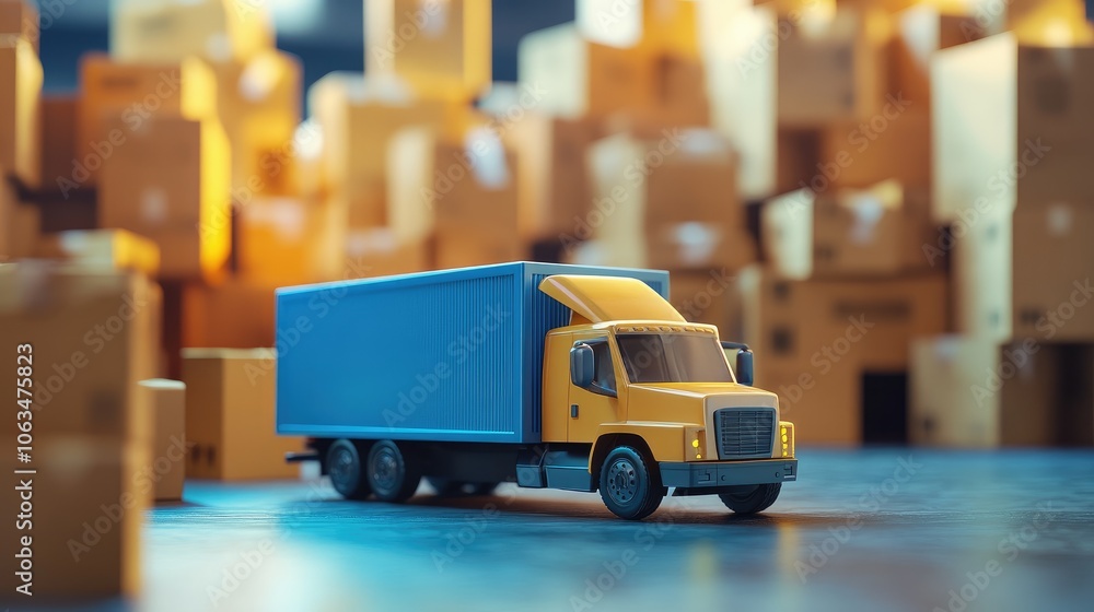 Model delivery truck and cardboard boxes arranged on a background with a gentle blur, conveying transportation logistics Model delivery truck and cardboard boxes arranged on a background with a gentle blur, conveying transportation logistics
