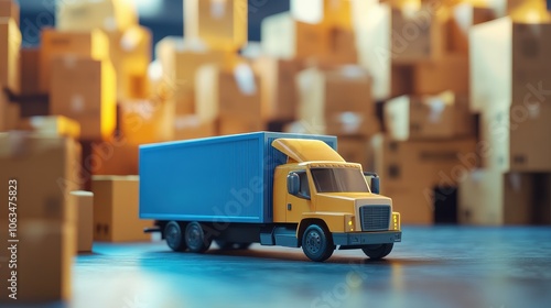 Model delivery truck and cardboard boxes arranged on a background with a gentle blur, conveying transportation logistics