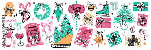 Merry Christmas doodle set, vector hand drawn colorful New Year gift box, pine tree, North Pole sign. Santa Claus mailbox, holiday decoration star, winter celebration sticker kit. Christmas doodle toy