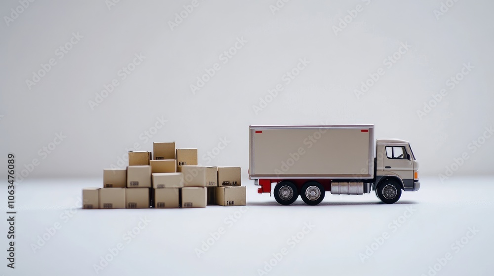 Model delivery truck beside a neat stack of small cardboard boxes, isolated on a white background, emphasizing distribution Model delivery truck beside a neat stack of small cardboard boxes, isolated on a white background, emphasizing distribution