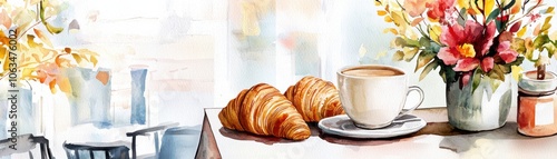 Wallpaper Mural Coffee cup, croissants, and flowers on a table in a cozy cafe setting. Torontodigital.ca