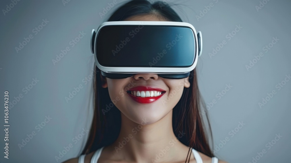 A close-up shot of a smiling young woman wearing VR goggles, enjoying a virtual reality experience against a plain background. A close-up shot of a smiling young woman wearing VR goggles, enjoying a virtual reality experience against a plain background.