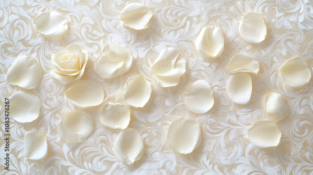 White rose petals elegantly arranged against a damask ornamental background create a beautiful floral lace design, perfect for a greeting card with ample copy space. White rose petals elegantly arranged against a damask ornamental background create a beautiful floral lace design, perfect for a greeting card with ample copy space.