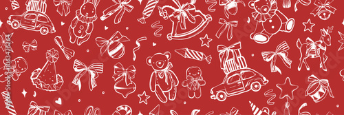 Traditional Christmas vintage toys seamless pattern, vector winter holiday present wrapping paper. Hand drawn New Year cartoon kids texture, teddy bear, cute horse, car. Christmas pattern doodle print
