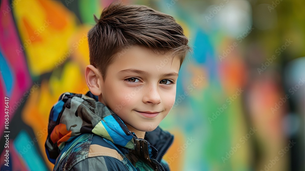 Young Boy Smiling Against Colorful Background Young Boy Smiling Against Colorful Background