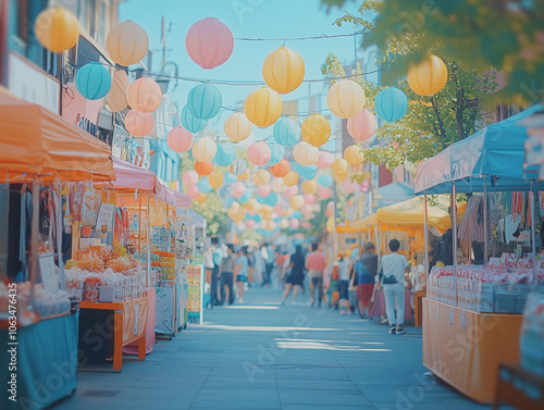 A lively street fair dedicated to environmental awareness, featuring booths, local vendors, and activities promoting sustainability. Perfect for themes of community engagement and eco-friendly initiat photo