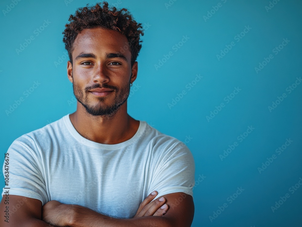 A confident man with a relaxed smile stands with crossed arms against a solid blue background, wearing a white t-shirt. A confident man with a relaxed smile stands with crossed arms against a solid blue background, wearing a white t-shirt.
