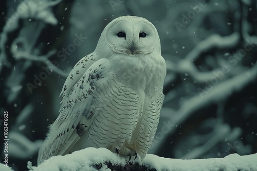 Majestic white owl gracefully perched on a branch in a serene snowy dark forest landscape photo