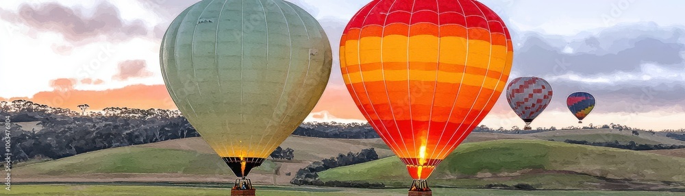 Obraz premium Colorful hot air balloons in a scenic landscape at sunset