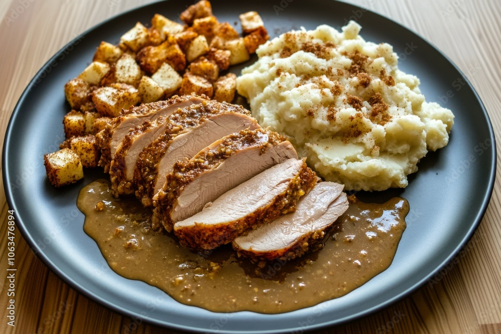 Thanksgiving Meal: Sliced turkey roast with gravy sauce. Served on a dark plate with, stuffing, mashed potatoes dashed with seasoning. Dinner.
Thanksgiving Meal: Sliced turkey roast with gravy sauce. Served on a dark plate with, stuffing, mashed potatoes dashed with seasoning. Dinner.