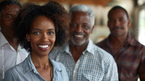 A group of diverse businesspeople stand together, smiling warmly at the camera, exuding confidence and professionalism in a welcoming environment.