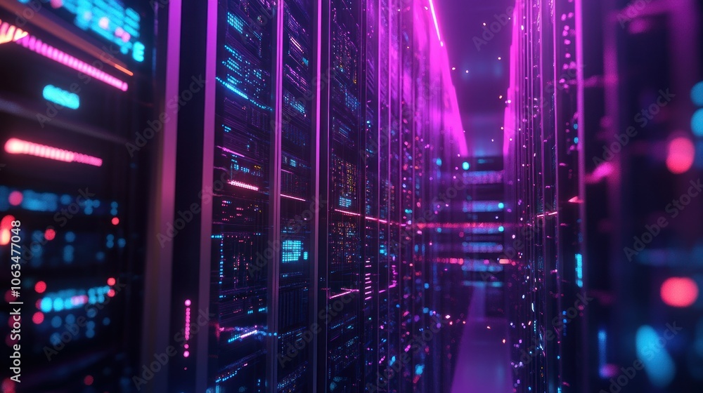 Obraz premium Server 3D storage futuristic technology development server room concept background wallpaper AI generated image