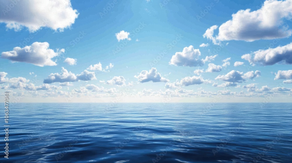 Obraz premium Majestic seascape panorama captures the tranquility of the ocean under a vast sky filled with clouds. A serene view of nature that invites peace and reflection, with ample copy space.