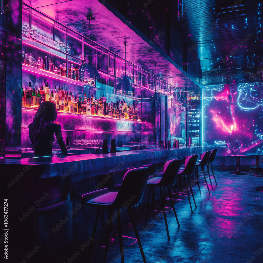 Step into a neon cyberpunk bar where digital decay meets glitchy textures, creating an immersive atmosphere of futuristic nightlife. Step into a neon cyberpunk bar where digital decay meets glitchy textures, creating an immersive atmosphere of futuristic nightlife.