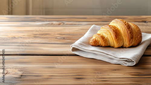 Francuski croissant, delikatnie umieszczony na lnianej serwetce na drewnianym stole.  photo