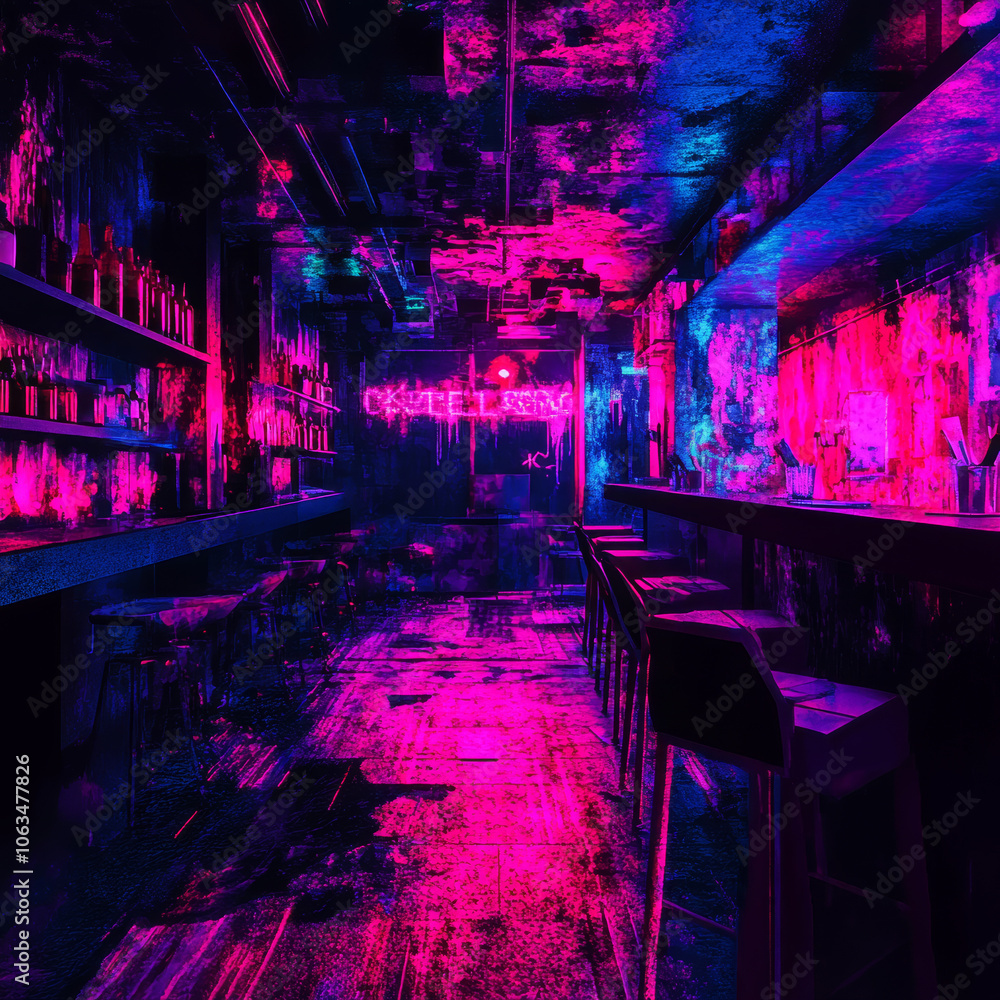Step into a neon cyberpunk bar where digital decay meets glitchy textures, creating an immersive atmosphere of futuristic nightlife. Step into a neon cyberpunk bar where digital decay meets glitchy textures, creating an immersive atmosphere of futuristic nightlife.