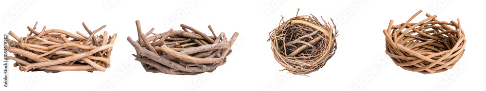 White background with an empty nest made of twigs. White background with an empty nest made of twigs.