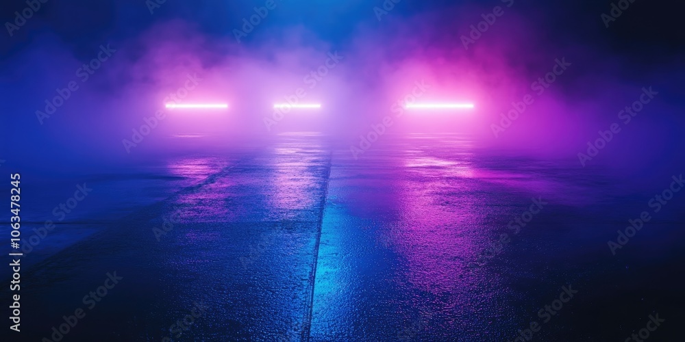 Obraz premium Illuminated neon lights in shades of blue and purple shine through fog, casting a surreal glow on the city pavement, creating an abstract and atmospheric nighttime scene.