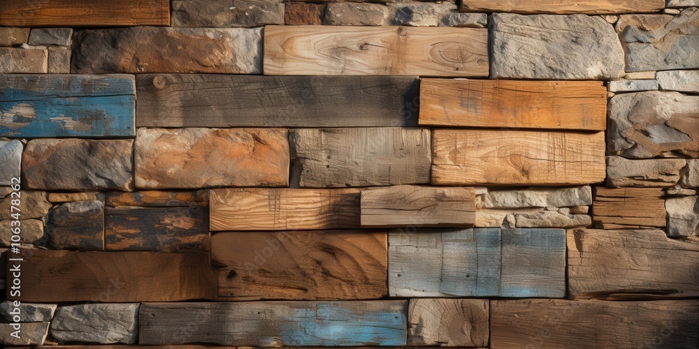 A rustic wall composed of irregular stone and reclaimed wood planks, showcasing the beauty of natural materials and the passage of time. A rustic wall composed of irregular stone and reclaimed wood planks, showcasing the beauty of natural materials and the passage of time.