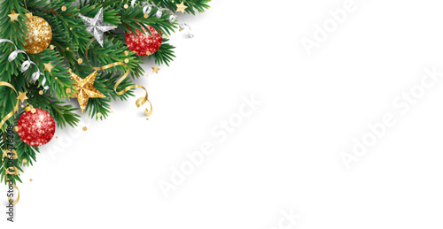 Christmas tree decoration. Holiday fir tree garland, festive corner. Winter season frame, realistic spruce branch with red and gold Christmas glitter ornaments. Transparent background in vector file.
