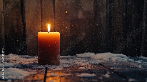 Captivating candle stands on a dark rustic wood background, creating a warm ambiance amidst the snow for Christmas. Ideal for holiday-themed imagery with vibrant orange light and ample space for text.