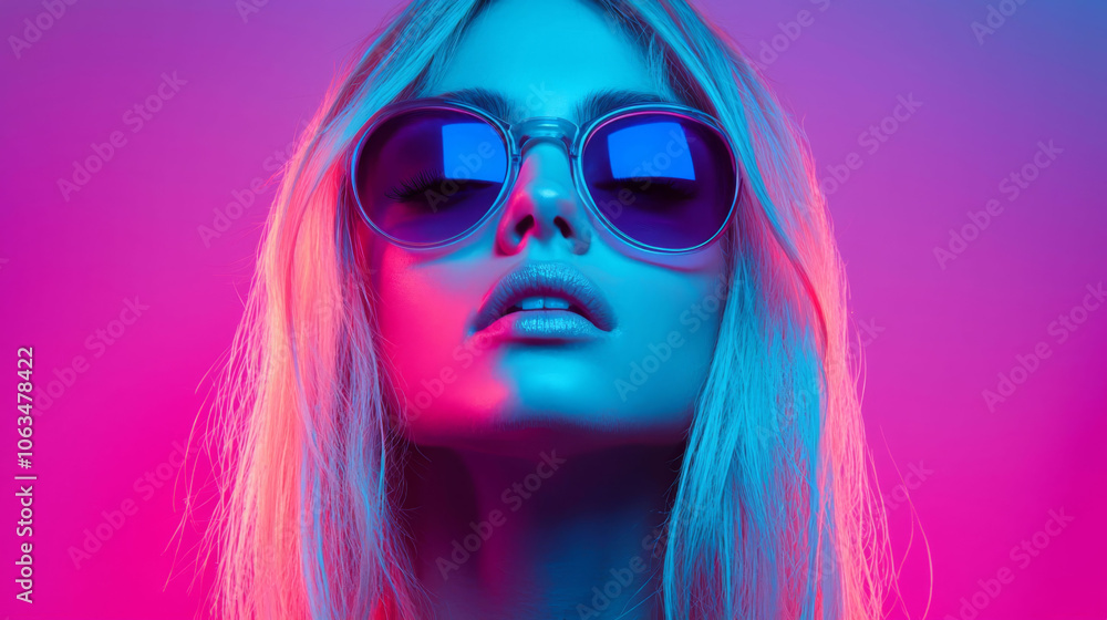 A woman with purple hair and sunglasses is looking up at the camera A woman with purple hair and sunglasses is looking up at the camera