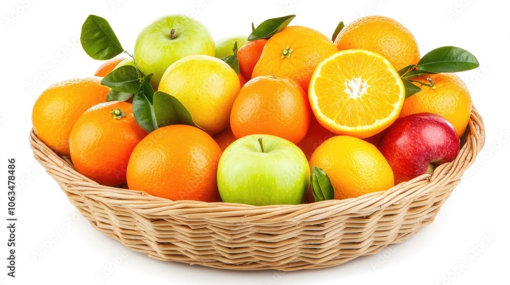 Isolated collection of vibrant oranges and apples in a basket, highlighting the freshness and variety of fruits. Ideal for fruit-related themes with ample copy space. Isolated collection of vibrant oranges and apples in a basket, highlighting the freshness and variety of fruits. Ideal for fruit-related themes with ample copy space.