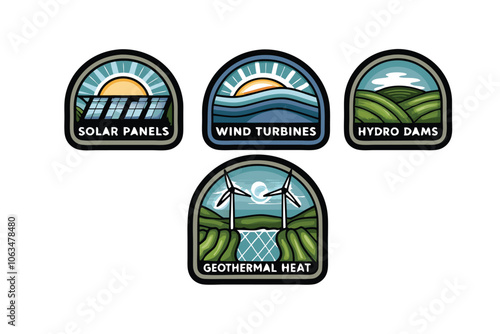 Design a set of icons representing renewable energy sources, focusing specifically on solar power. Include a variety of styles and perspectives, ensuring clarity and visual appeal.