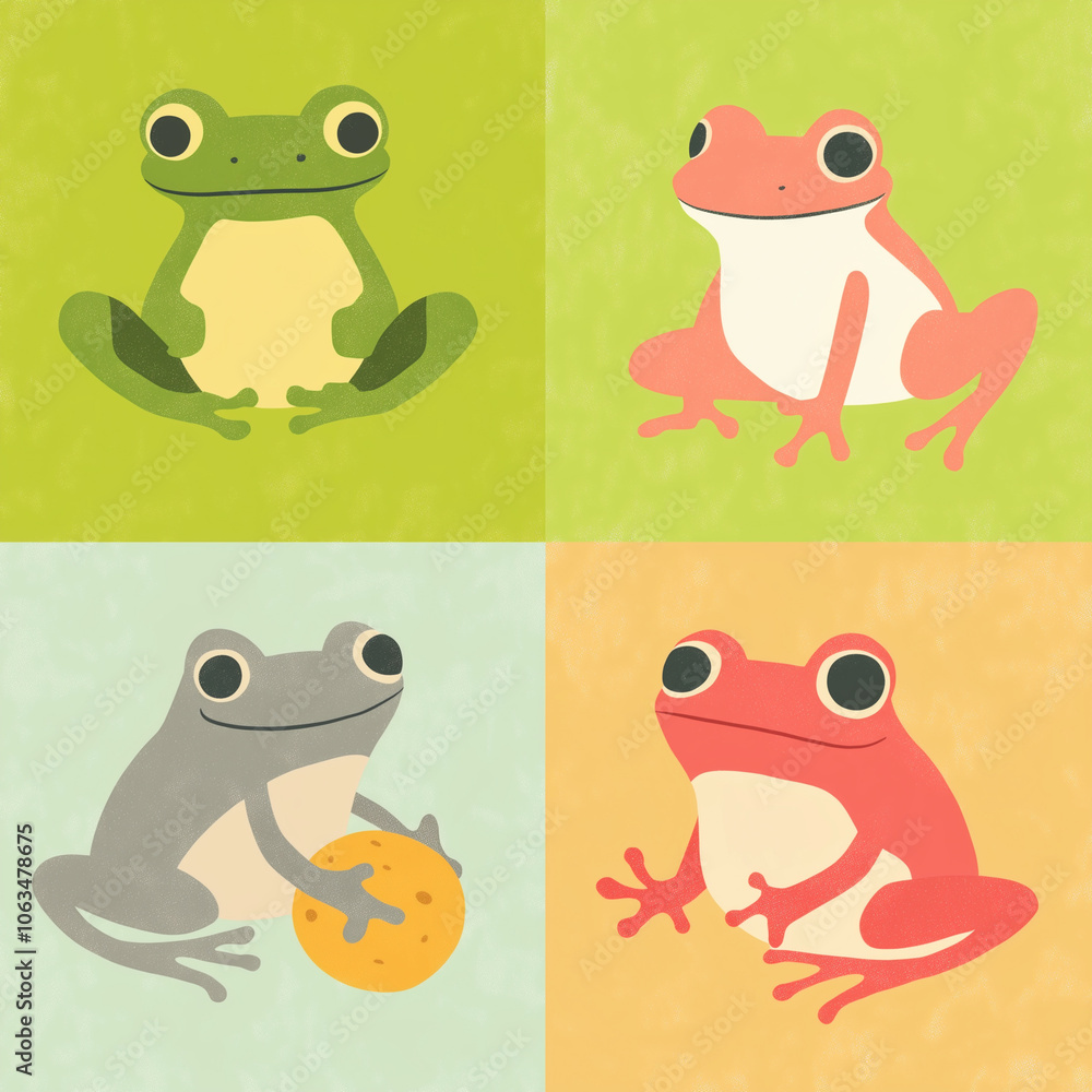 Fototapeta premium an illustration of minimalistic scene of frogs in simple, richly colored squares 