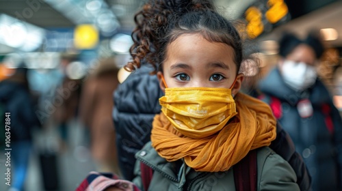 A young girl wearing a yellow face mask and scarf is at an airport. She is standing with her mother and an airline attendant in a busy terminal.